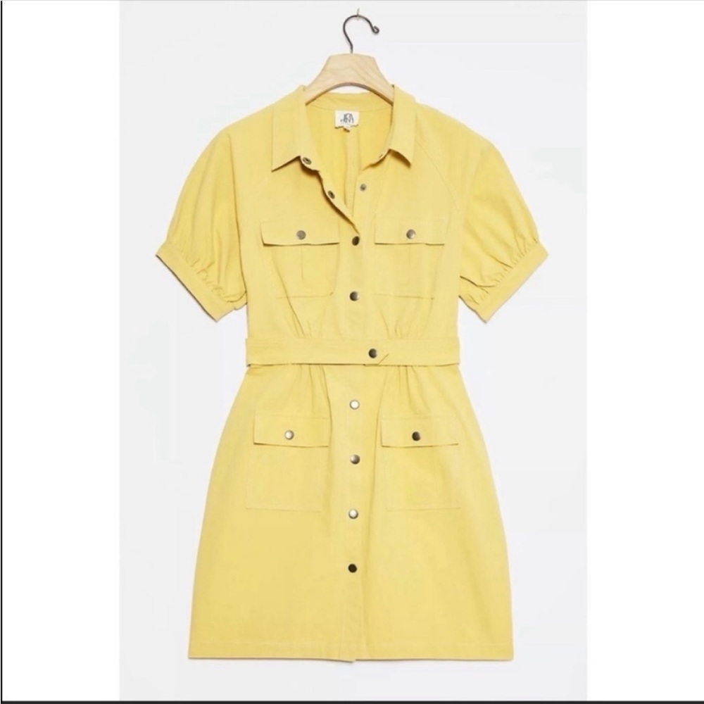 Anthropologie dRA Nikola Yellow Utility Button Front Mini Shirtdress Size S NWT